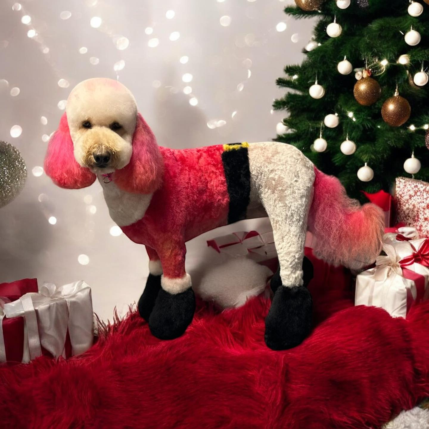 Dog with festive red and black pet safe dye coloring